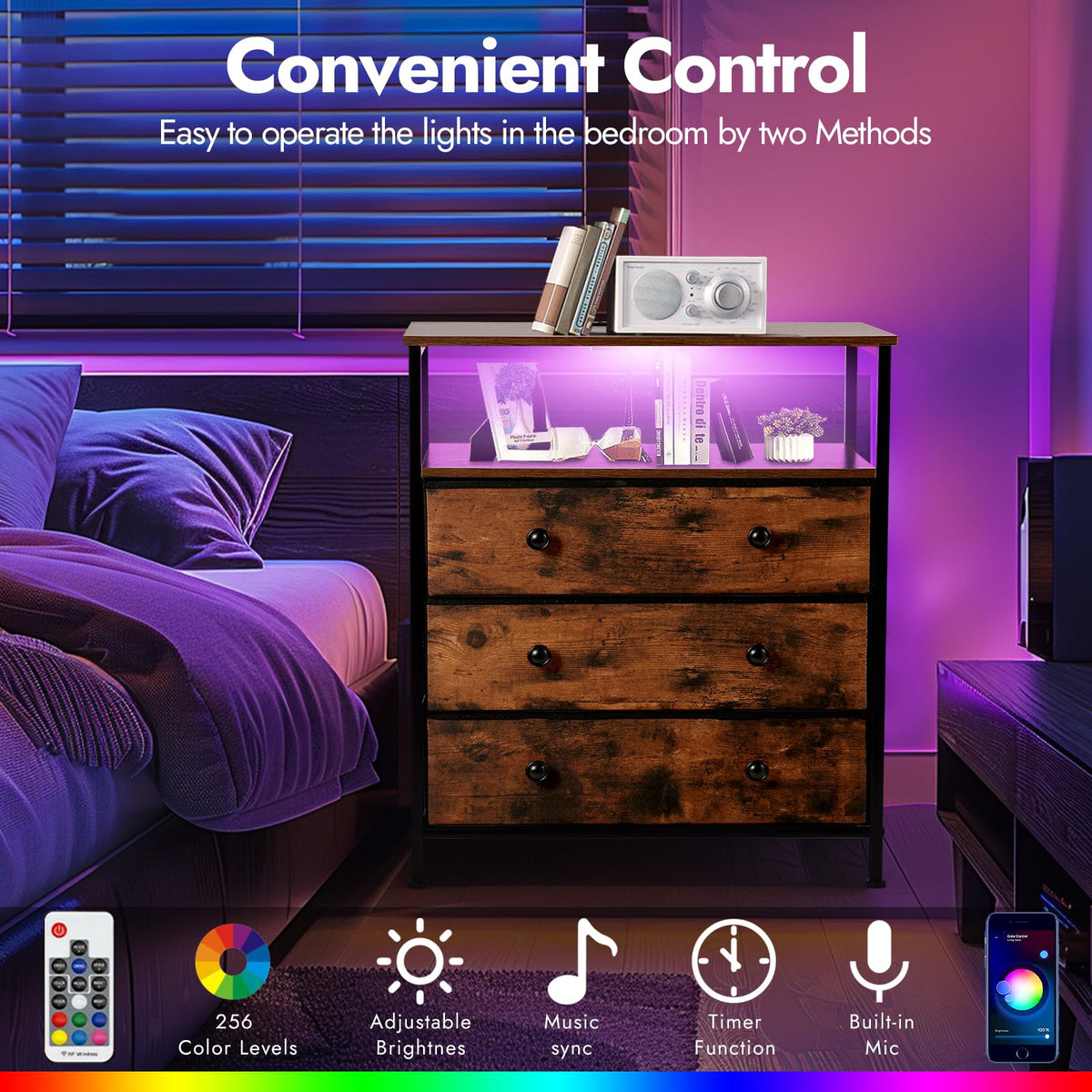 3-Drawer LED Nightstand with Charging Station M373