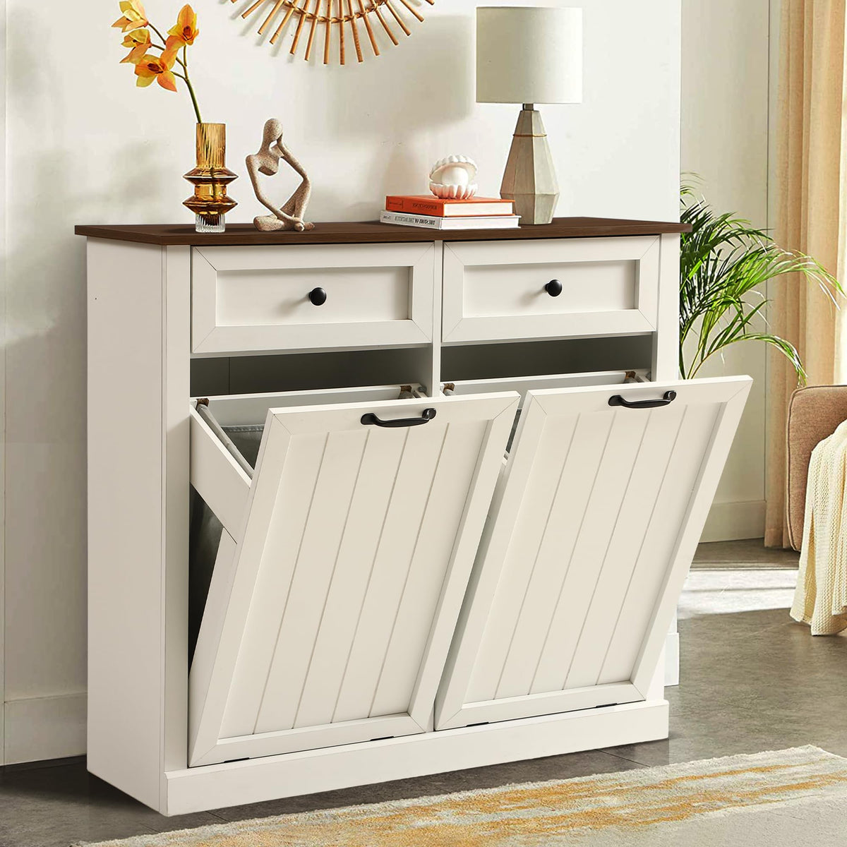 White 22 Gallon Wooden Laundry Hamper Cabinet with 2 Drawers X967906