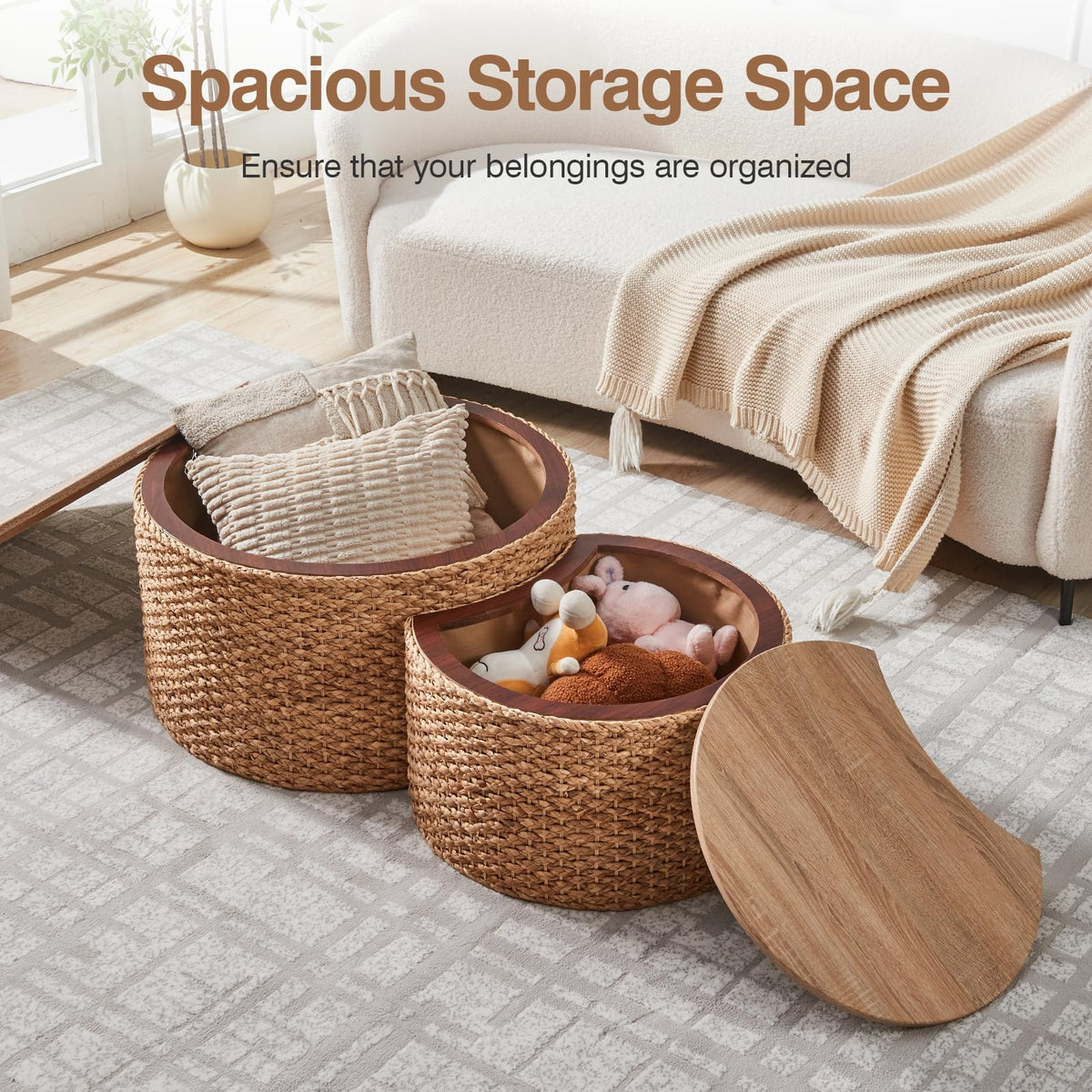 Round Nesting Coffee Table Set of 2 with Storage Wicker Rattan Wood Frame T819