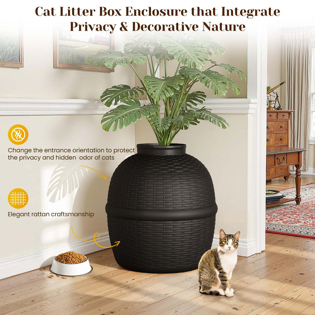 Black Large Cat Litter Box with Faux Plant O3106