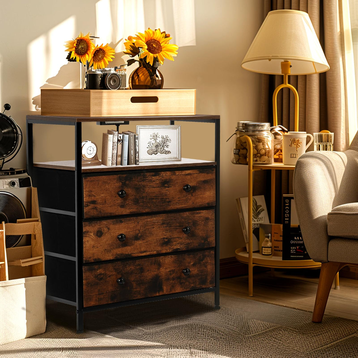 3-Drawer LED Nightstand with Charging Station M373
