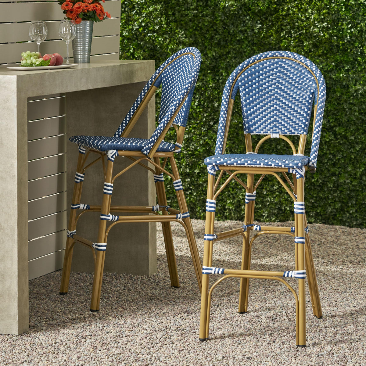 Teal Blue Wicker Rattan Bar Stools Set of 2 Aluminum Frame K82071