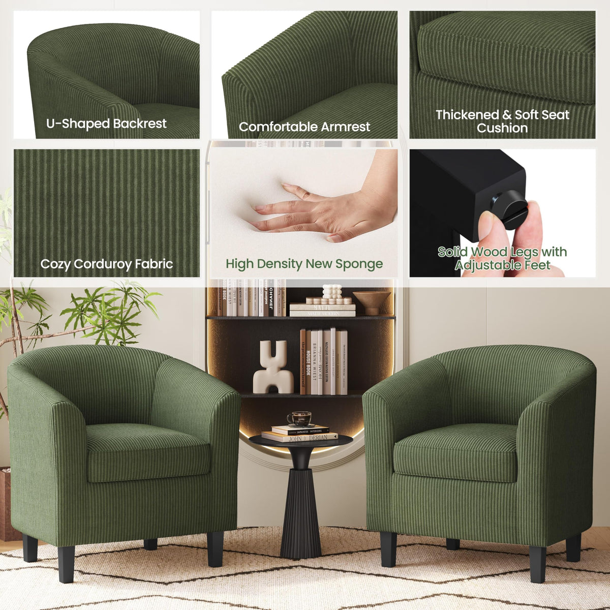 Corduroy Barrel Armchairs Set of 2 Dark Green T8835