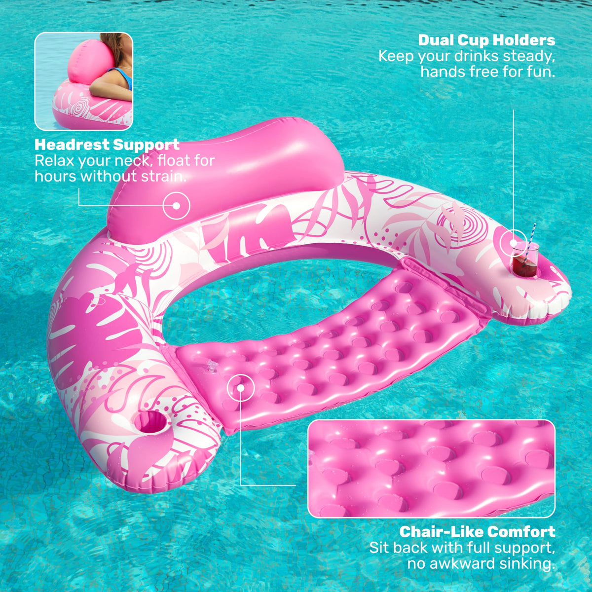 Inflatable Pool Chairs with Cup Holders, 4 Pack A231
