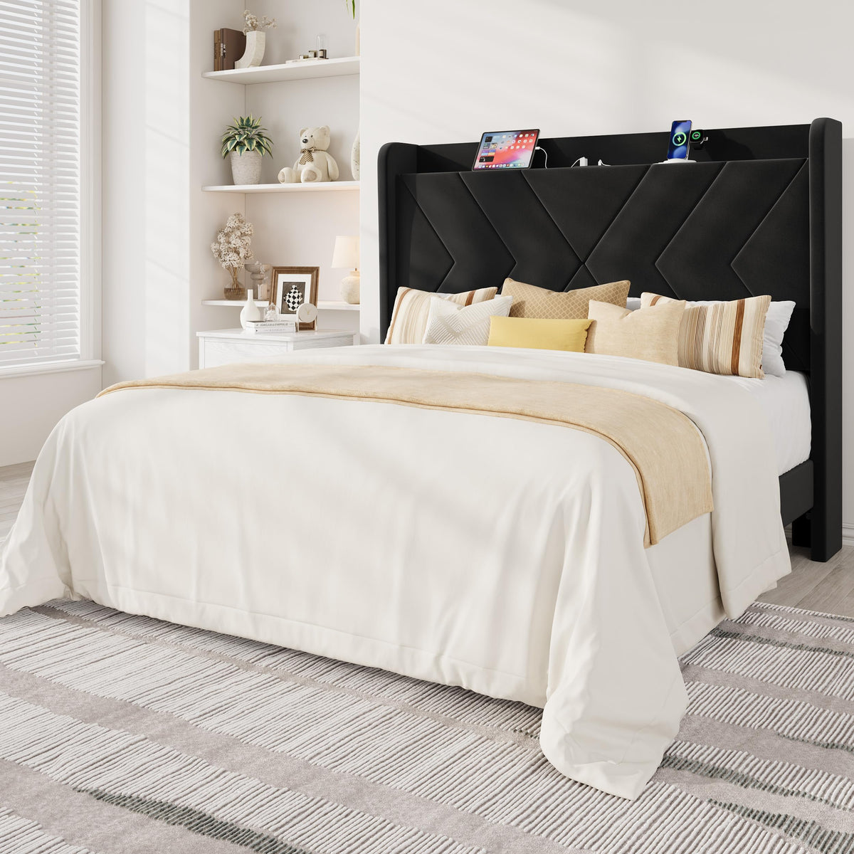 Queen Size Black Velvet Bed Frame with Charging and Shelf I229