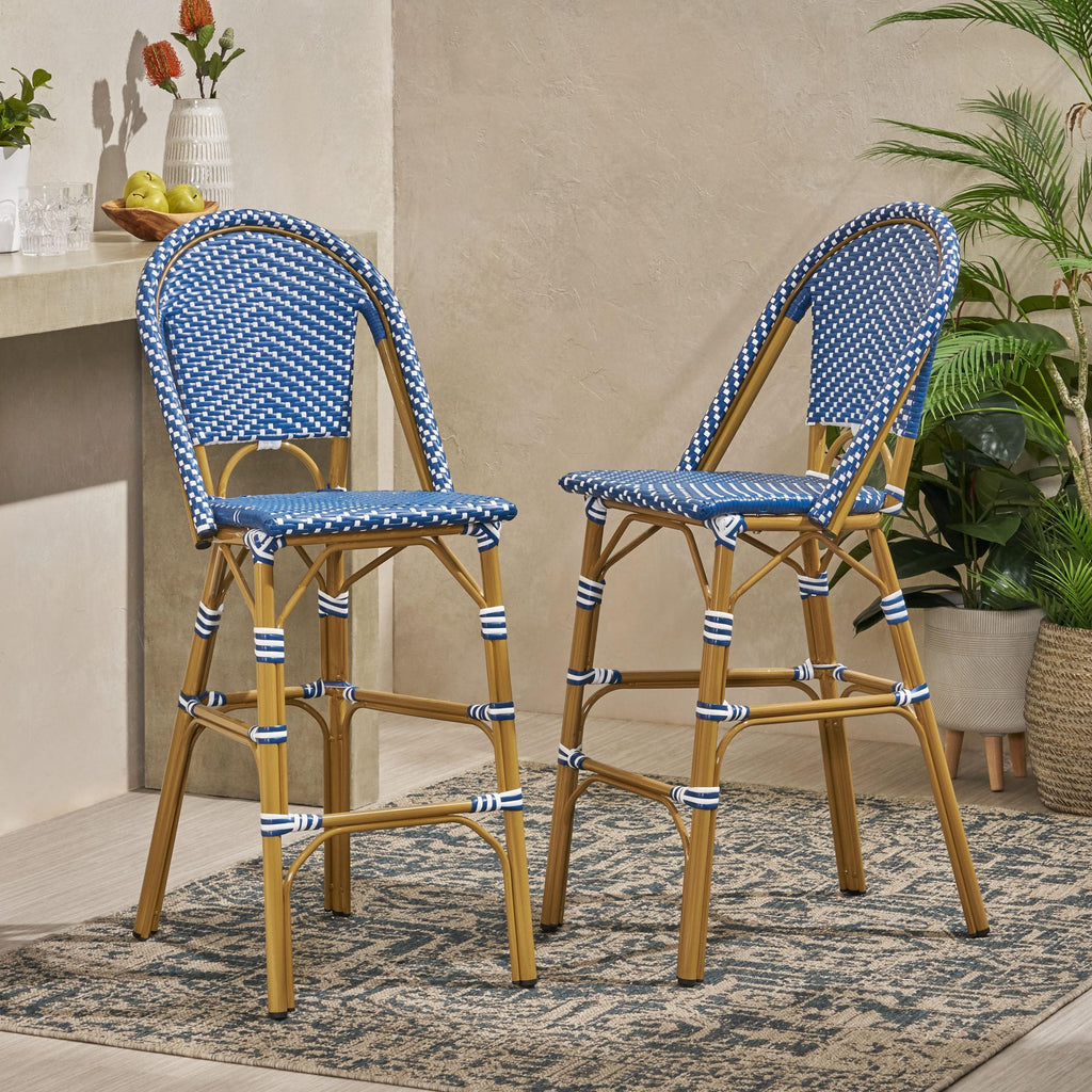 Teal Blue Wicker Rattan Bar Stools Set of 2 Aluminum Frame K82071