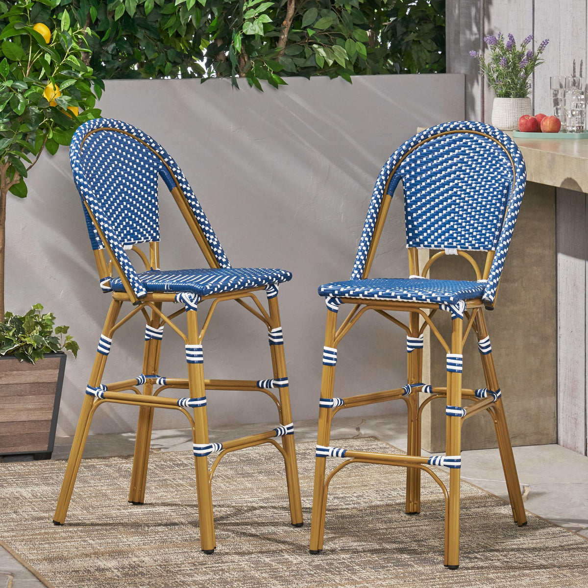 Teal Blue Wicker Rattan Bar Stools Set of 2 Aluminum Frame K82071